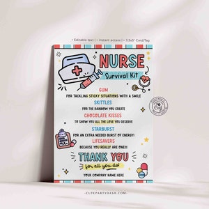 Editable Nurse Survival Kit Gift Tag: Appreciation Thank You Card (Digital Download) image 2
