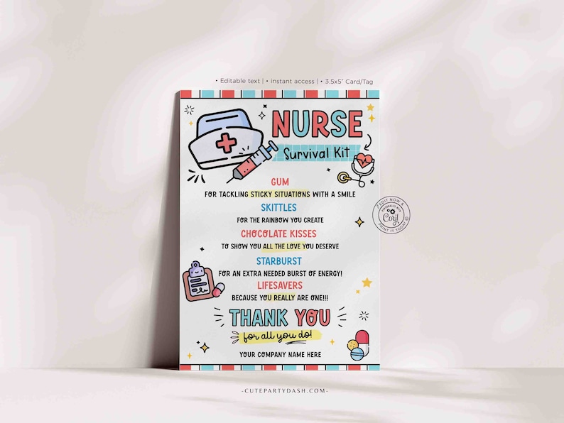 Editable Nurse Survival Kit Gift Tag: Appreciation Thank You Card (Digital Download) image 2