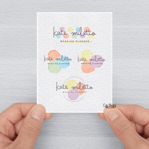 May include: Three different logo designs for a wedding planner named "kate miletto". The logos feature watercolor-style circles in various colors, including yellow, pink, blue, and green.