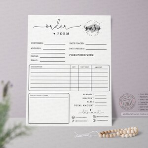 May include: A printable order form template featuring a heart and the word "order" at the top. The form includes fields for customer information, date placed, date needed, pickup/delivery, description, quantity, unit cost, amount, subtotal, discount, taxes, and total amount. The form also includes a section for special notes and terms. The template is fully editable and includes instant access, a six-by-six template, changeable font styles and colours, and a demo available.