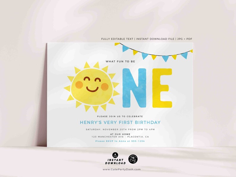 Minimal Little Sunshine Birthday Boy invitation Printable INSTANT DOWNLOAD Editable Minimalist Sun Little Sunshine First birthday party 481