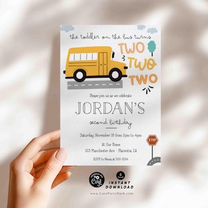 School Bus Second birthday invitation Printable INSTANT DOWNLOAD Editable Wheels on the Bus-themed party 327 Toddler Transportation Birthday