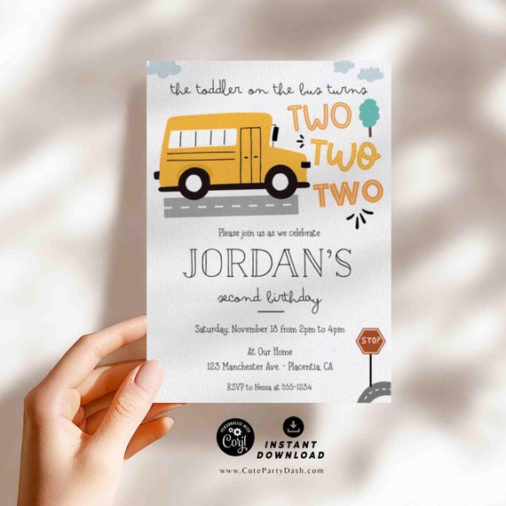 School Bus 2nd Birthday Invitation: Wheels on the Bus Party (Printable INSTANT DOWNLOAD)