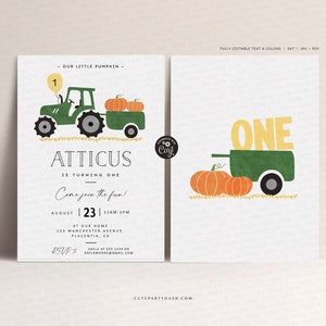 May include: A green tractor with a yellow number one balloon pulls a wagon filled with orange pumpkins. The text "Our Little Pumpkin" and "Atticus is turning one" is on the invitation. The invitation also includes the date, time, and location of the party.