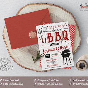 May include: Printable BBQ party invitation with red and white gingham pattern. The invitation features a cartoon illustration of a grill, utensils, and the text "Please join us for a BBQ". The invitation is for Joshua & Rose on September 29th from 2pm to 4pm. The address is 123 Manchester Ave, Placentia, CA. RSVP to Lely at [email protected]