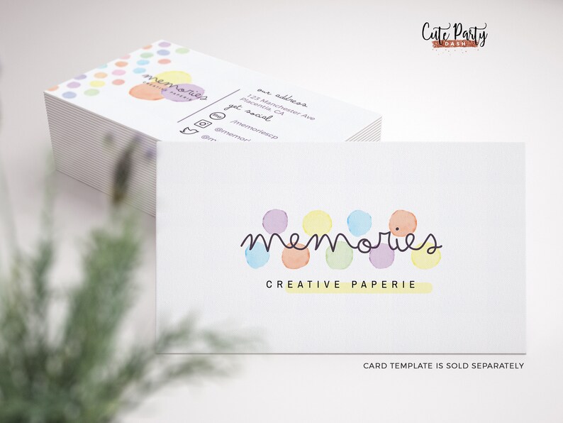 May include: A stack of business cards with a colorful logo that says "memories creative paperie". The logo features a row of colorful circles with the word "memories" written in a script font. The text "Cute Party Dash" is also visible in the top right corner of the image.