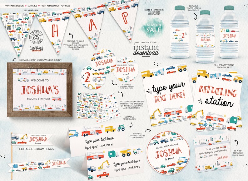 May include: A printable set of party decorations for a second birthday with a construction vehicle theme. The set includes a welcome sign, pennant banners, water bottle labels, food cards, straw flags, and party signs. The decorations feature a variety of construction vehicles, including trucks, excavators, and bulldozers, in shades of red, yellow, blue, and green. The text on the decorations is editable, allowing you to personalize them for your party.