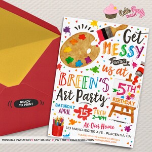 Pu&ograve; includere: Un invito stampabile colorato per una festa d'arte per il 5&deg; compleanno di un bambino. L'invito presenta una tavolozza di colori, pennelli e il testo "Get Messy with us at Breen's Art Party". La festa &egrave; prevista per sabato 15 aprile dalle 14:00 alle 16:00. L'invito include anche l'indirizzo e le informazioni RSVP.
