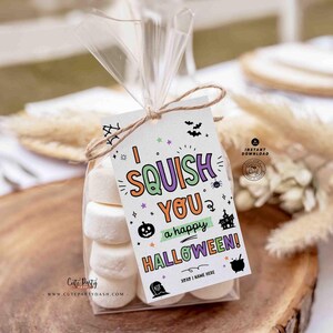 May include: A clear cellophane bag tied with twine, filled with marshmallows and a Halloween-themed tag. The tag reads "I SQUISH YOU a happy HALLOWEEN!" with colorful graphics of a pumpkin, spider, and haunted house. The bag sits on a wooden surface.