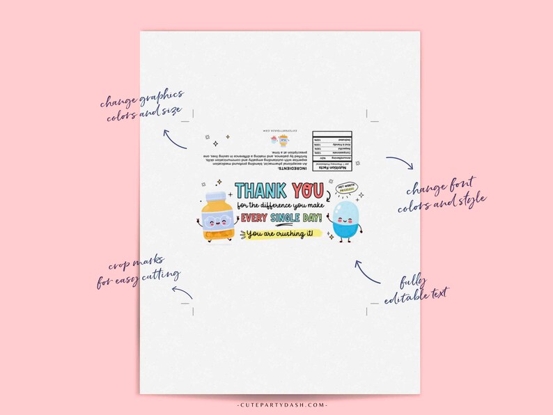 Puede incluir: Etiqueta de agradecimiento imprimible con un dise&ntilde;o de p&iacute;ldora y botella de dibujos animados coloridos. El texto dice "&iexcl;Gracias por la diferencia que haces cada d&iacute;a! &iexcl;Lo est&aacute;s aplastando!"