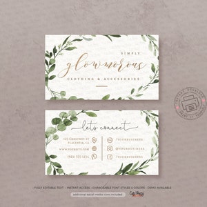 May include: A business card with a green watercolor floral design. The text on the card reads "Simply Glowmorous Clothing & Accessories" and "Let's Connect". The card includes contact information such as an address, website, and social media handles.