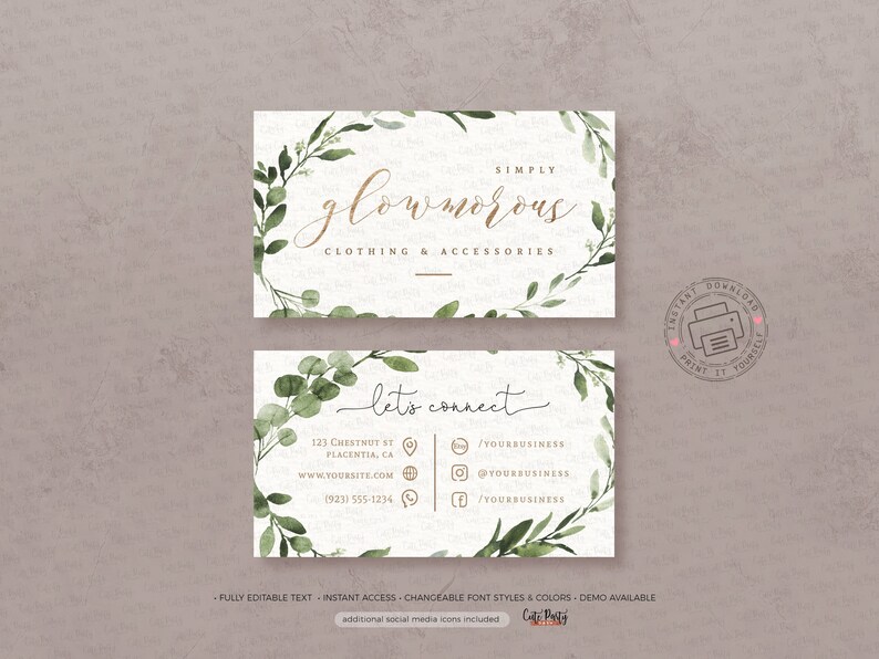 May include: A business card with a green watercolor floral design. The text on the card reads "Simply Glowmorous Clothing & Accessories" and "Let's Connect". The card includes contact information such as an address, website, and social media handles.
