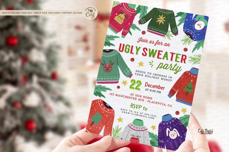 May include: A white invitation card with a festive design featuring colorful Christmas sweaters with various patterns. The text on the card reads "Join us for an Ugly Sweater Party" with the date and time of the party.