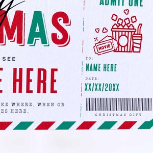 May include: A red and green Christmas movie ticket with the text "TMAS" and "NAME HERE". The ticket has a barcode and the text "CHRISTMAS GIFT".