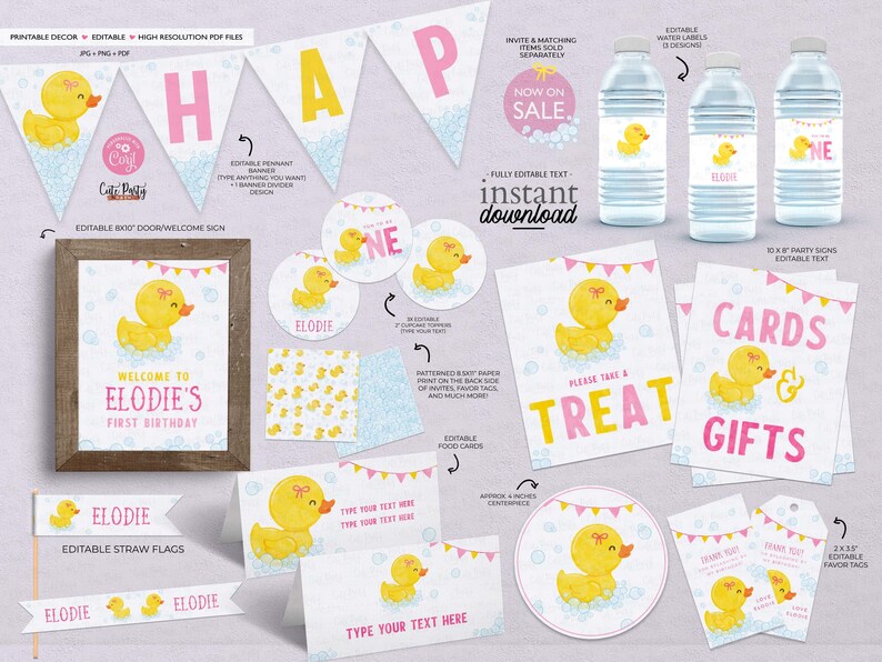 May include: A set of printable party decorations featuring a yellow rubber ducky in a bathtub with pink and blue bubbles. The set includes a welcome sign, banners, water bottle labels, favor tags, food cards, and party signs. The text on the signs says "Welcome to Elodie's First Birthday", "Please Take a Treat", "Cards & Gifts", and "Elodie".