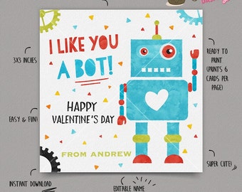 INSTANT DOWNLOAD - EDITABLE Valentine's day Card gift Robot Valentines Day card for kids Valentine's school Card Valentines day favor tag