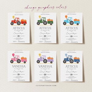 May include: Six printable invitations for a first birthday party with a pumpkin theme. The invitations feature a cartoon tractor with pumpkins in the back. The invitations are customizable with the child's name and age. The text on the invitations reads "Our Little Pumpkin is turning one! Come join the fun!"