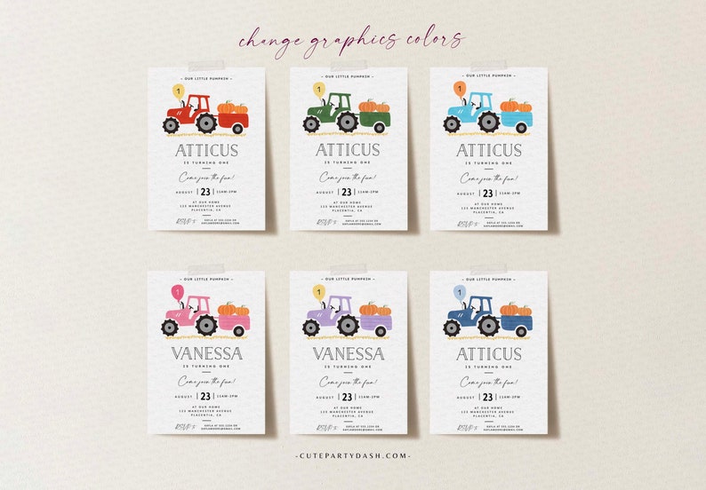 May include: Six printable invitations for a first birthday party with a pumpkin theme. The invitations feature a cartoon tractor with pumpkins in the back. The invitations are customizable with the child's name and age. The text on the invitations reads "Our Little Pumpkin is turning one! Come join the fun!"