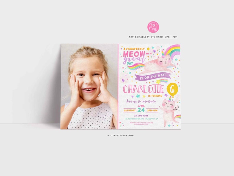 INSTANT DOWNLOAD, Caticorn Birthday Party Photo invitation, Cat unicorn rainbow Birthday, corjl invitation girl Printable EDITABLE #496