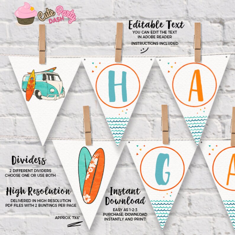 May include: A beach-themed banner with pennants spelling "HAG". Each white pennant features a surfboard, a teal and orange van, or a letter in a circle. The banner is held by wooden clips. Text includes "Editable Text" and "Instant Download". The banner is approximately 17.8 x 15.2 cm.