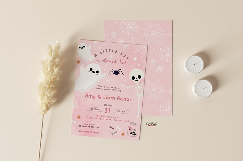 May include: Pink baby shower invitation featuring a ghost, spider and skeleton illustration. The text reads "A Little Boo is almost due!" and includes the date and time of the event.