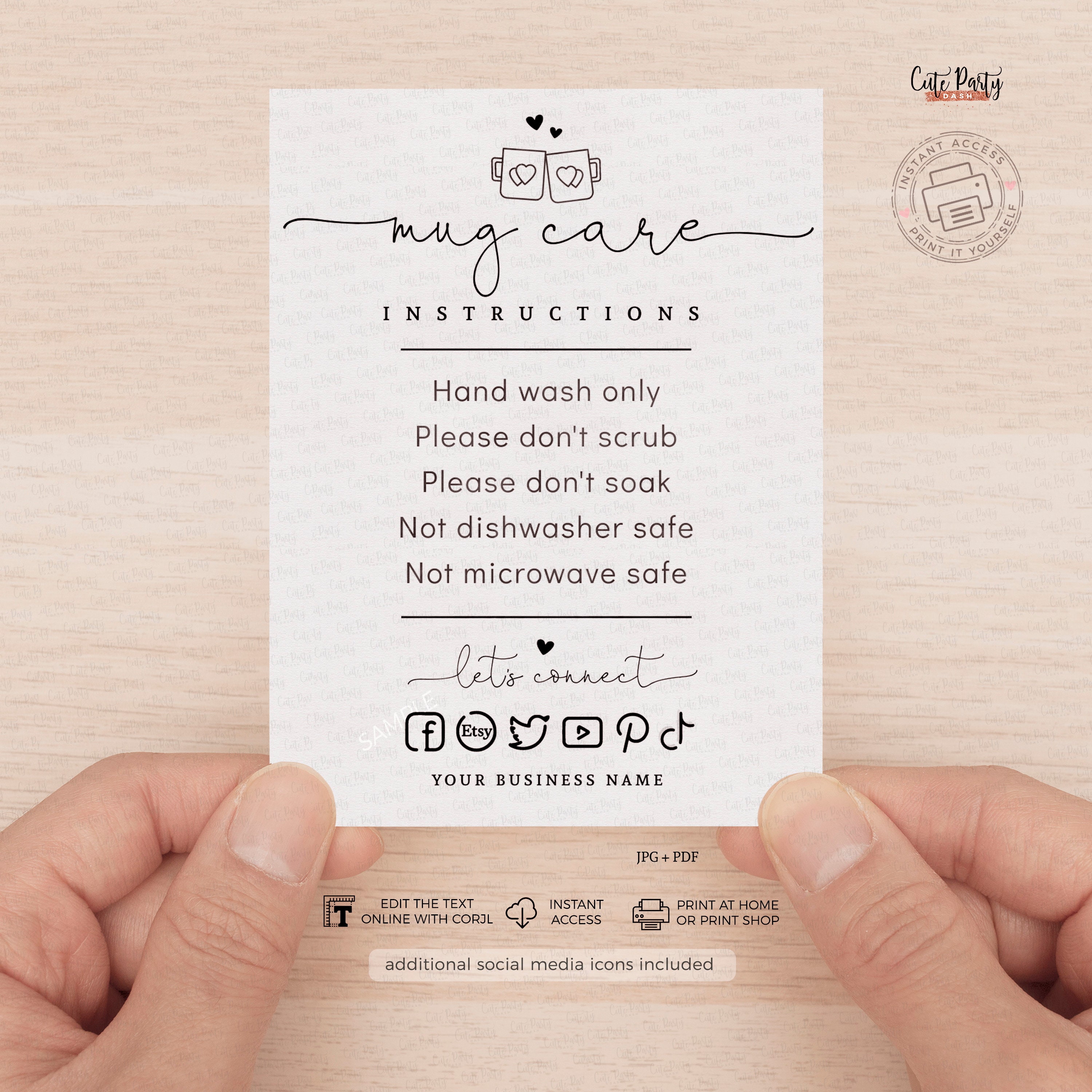 INSTANT DOWNLOAD Printable Mug Care Instructions Card Etsy
