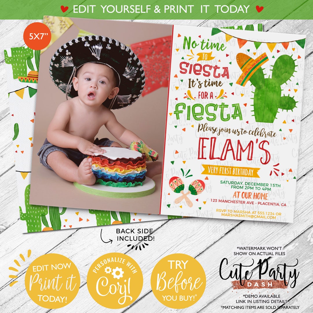 Editable Fiesta Birthday Photo Invitation (instant Download) - Etsy