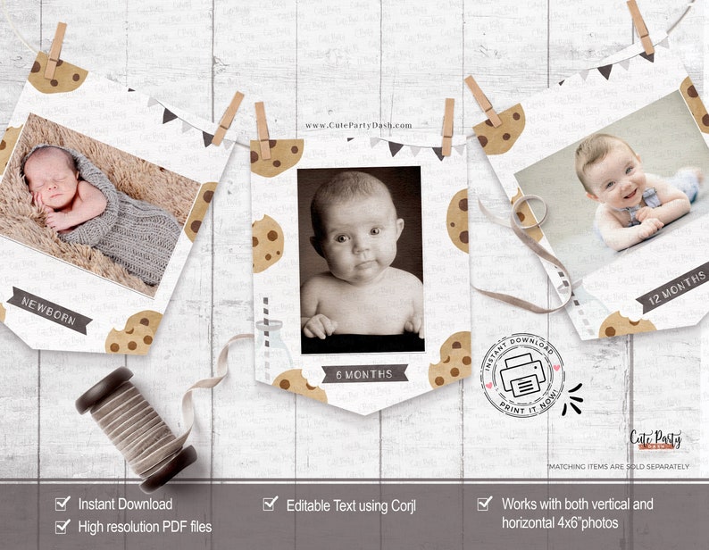 Peut inclure: Banni&egrave;re d'&eacute;tape de b&eacute;b&eacute; imprimable sur le th&egrave;me des biscuits. La banni&egrave;re comporte trois espaces photo avec les mots "Nouveau-n&eacute;", "6 mois" et "12 mois". La banni&egrave;re est d&eacute;cor&eacute;e de biscuits marrons et blancs.