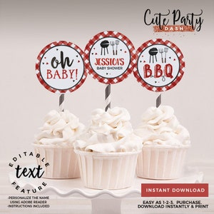 May include: Three cupcake toppers with red and white checkered backgrounds. The toppers feature black text that says "oh baby!" "Jessica's Baby Shower" and "BBQ".