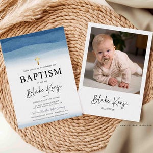 Blue Watercolor Baptism Invitation Printable INSTANT DOWNLOAD, Editable Minimalist Boy Baptism Invite, Christening invitation Template BP010
