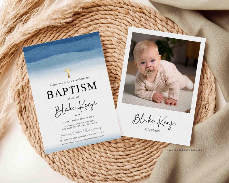 Blue Watercolor Baptism Invitation Printable INSTANT DOWNLOAD, Editable Minimalist Boy Baptism Invite, Christening invitation Template BP010