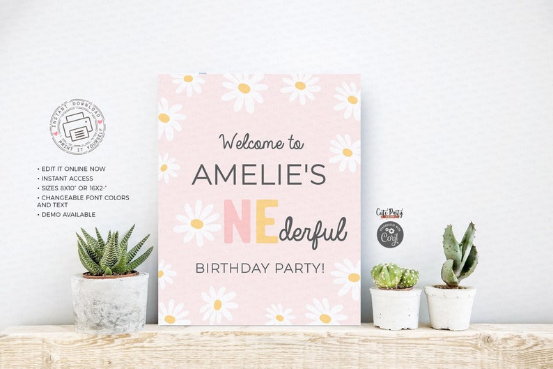 May include: A pink and white printable sign with a daisy pattern. The sign says "Welcome to Amelie's One-derful Birthday Party!"
