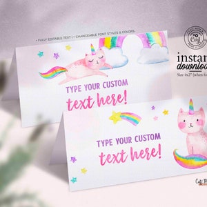 May include: Printable place cards featuring a pink unicorn cat with a rainbow tail and a rainbow arch. The cards are 4x2 inches when folded and have the text "Type your custom text here!" on them.