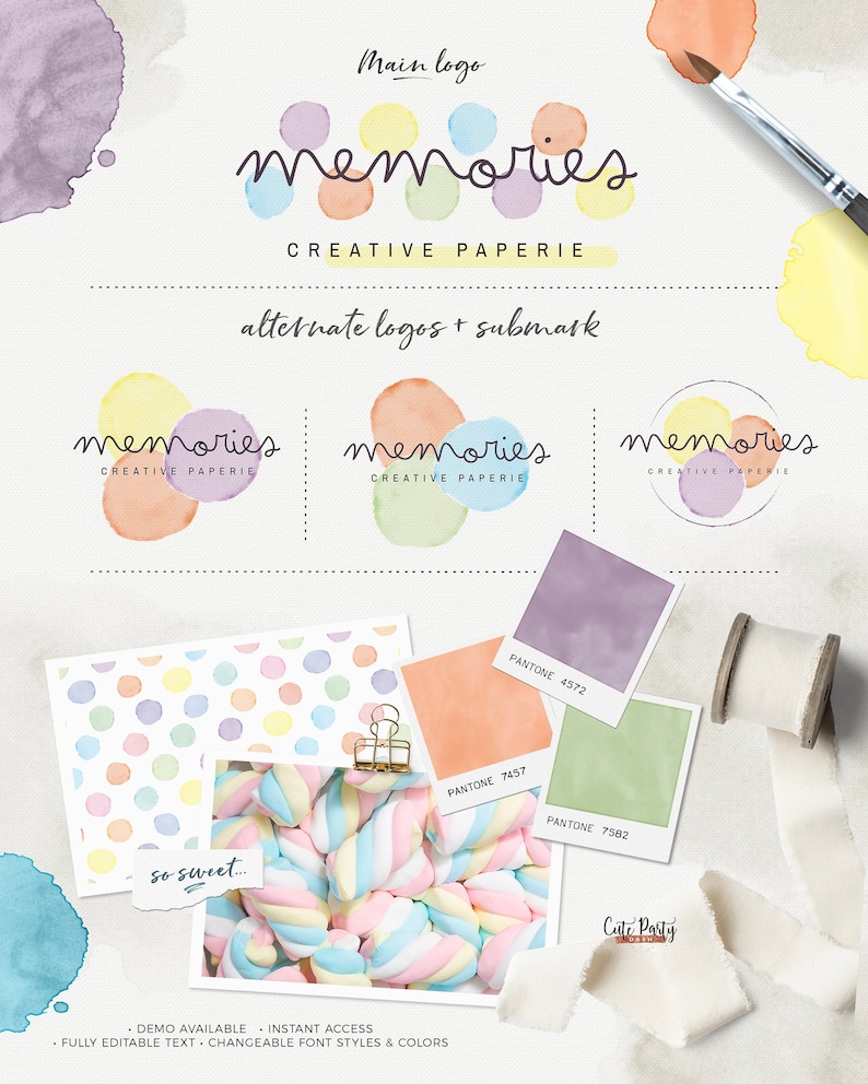 May include: A watercolor illustration of the word "memories" in a handwritten font. The word is surrounded by colorful watercolor dots. The text "Creative Paperie" is below the word "memories". The image also includes a pattern of colorful dots, a pile of pastel-colored marshmallows, and a white ribbon.