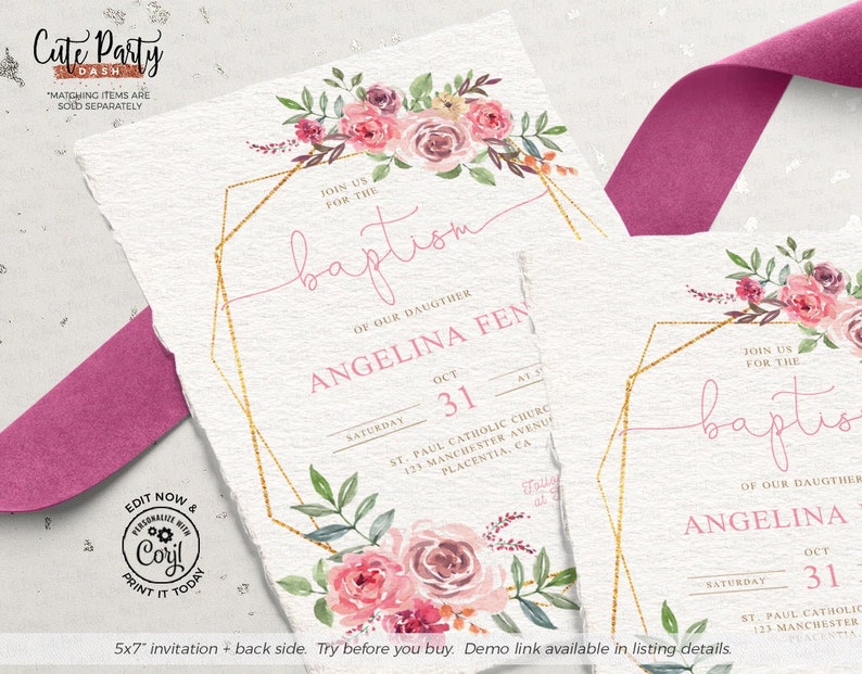 May include: A pink and gold baptism invitation with floral watercolor design. The invitation reads "Join us for the baptism of our daughter Angelina Fen" with the date and time of the event.