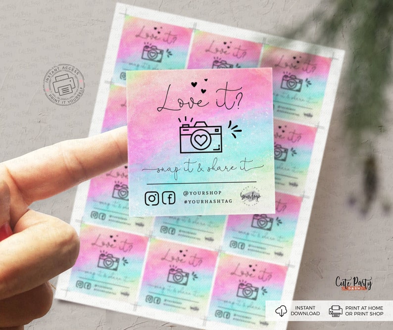 May include: A set of 10 printable photo booth props featuring a watercolor background with a rainbow gradient. The props feature a camera icon, hearts, and the text "Love it? Snap it & share it".