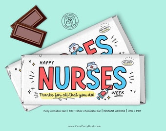 Krankenschwestern-Woche-Schokoriegel-Verpackung SOFORT-DOWNLOAD Geschenk für Krankenschwester-Wertschätzung Druckbares Dankeschön-Schokoriegel-Verpackungspapier Bearbeitbare medizinische Versorgung