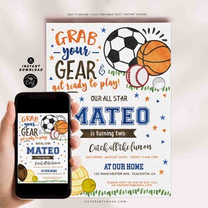 Sports Birthday invitation Printable INSTANT DOWNLOAD EDITABLE All Star Football Soccer Baseball Sport Balls Birthday Invite Sport Theme 438