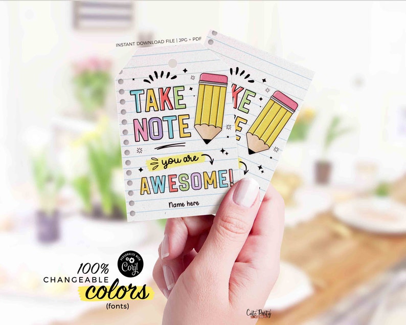 Take Note Tag Editable Teacher Appreciation Week Gift Tag Template Printable Notepad Thank You Tag You are Awesome INSTANT DOWNLOAD Pen gift