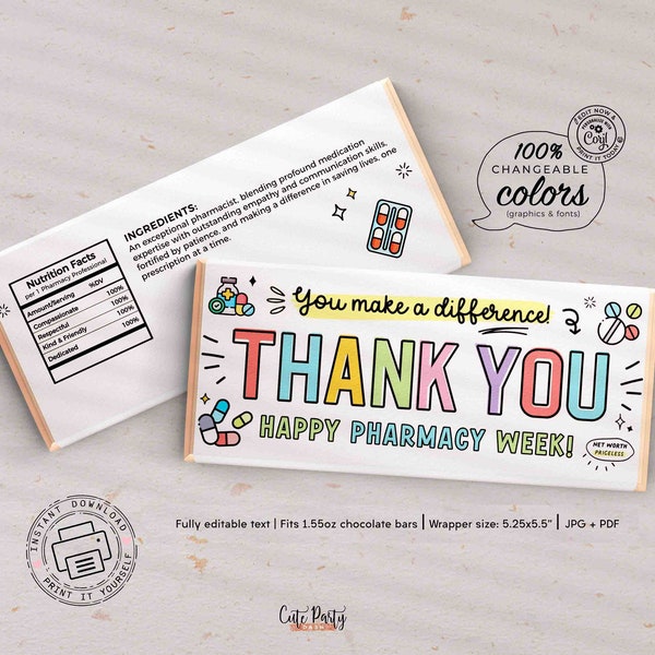 Pharmacy Week Appreciation Gift Idea INSTANT DOWNLOAD Printable RX Pharmacy Team Candy Bar Wrappers Editable Thank You Gift Pharmacy Techs