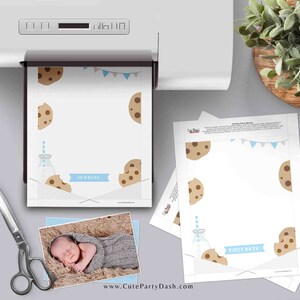 May include: Printable photo cards with a cookie and milk theme. The cards feature a blue and white banner with the text "Newborn" and "First Bath".