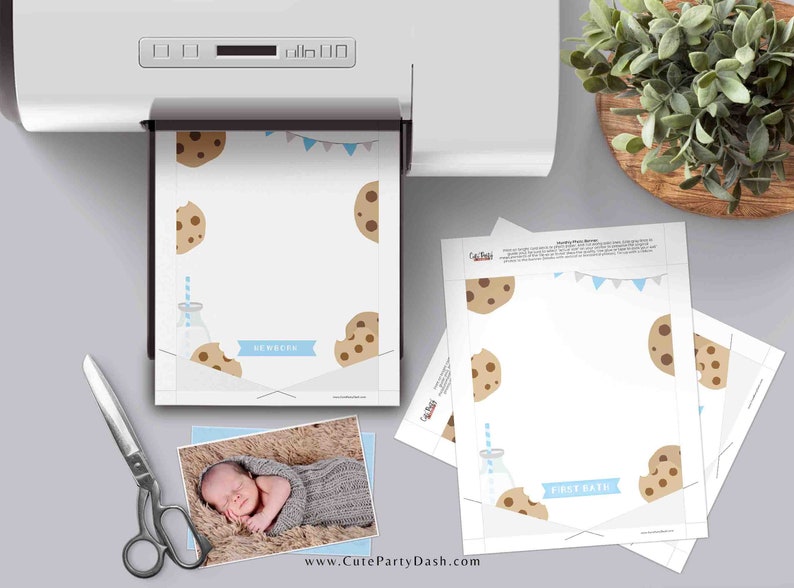 May include: Printable photo cards with a cookie and milk theme. The cards feature a blue and white banner with the text "Newborn" and "First Bath".