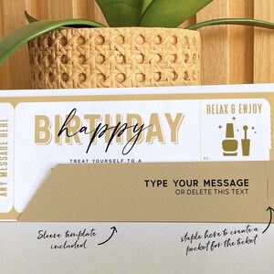 May include: A printable gift certificate template for a birthday manicure. The template features a gold and white design with the text "Happy Birthday" and "Treat yourself to a manicure". The template also includes a space for a personalized message and a sleeve template.