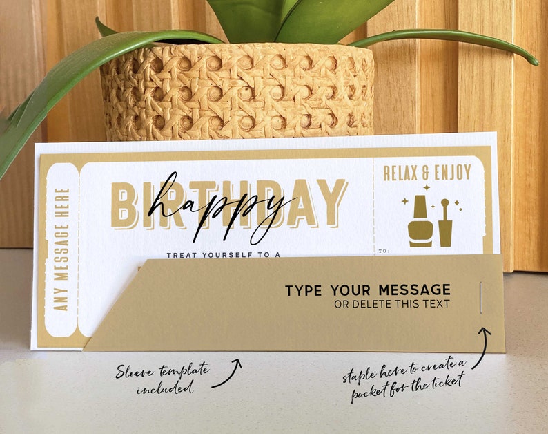 May include: A printable gift certificate template for a birthday manicure. The template features a gold and white design with the text "Happy Birthday" and "Treat yourself to a manicure". The template also includes a space for a personalized message and a sleeve template.