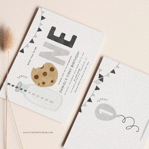 Minimal Milk and Cookies Birthday invitation, INSTANT DOWNLOAD, EDITABLE Minimalist Black White Printable Milk & Cookies Corjl invite