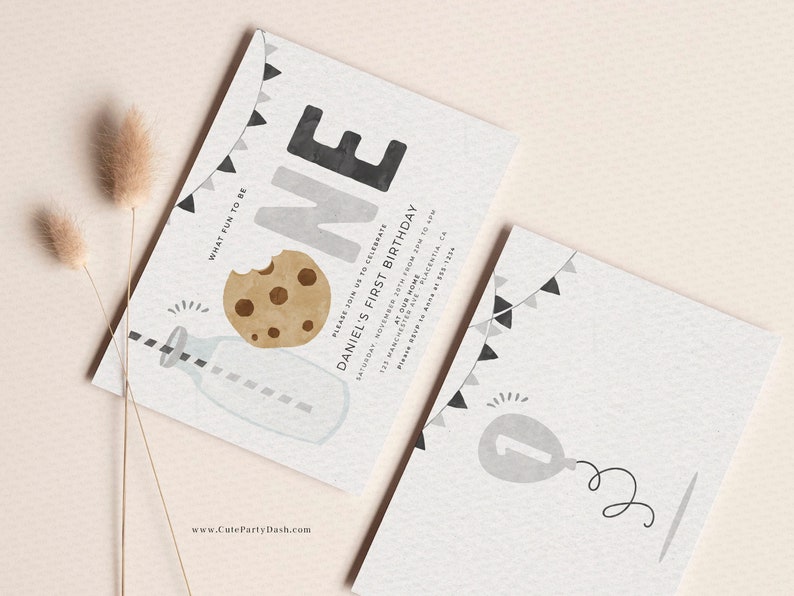 Minimal Milk and Cookies Birthday invitation, INSTANT DOWNLOAD, EDITABLE Minimalist Black White Printable Milk & Cookies Corjl invite