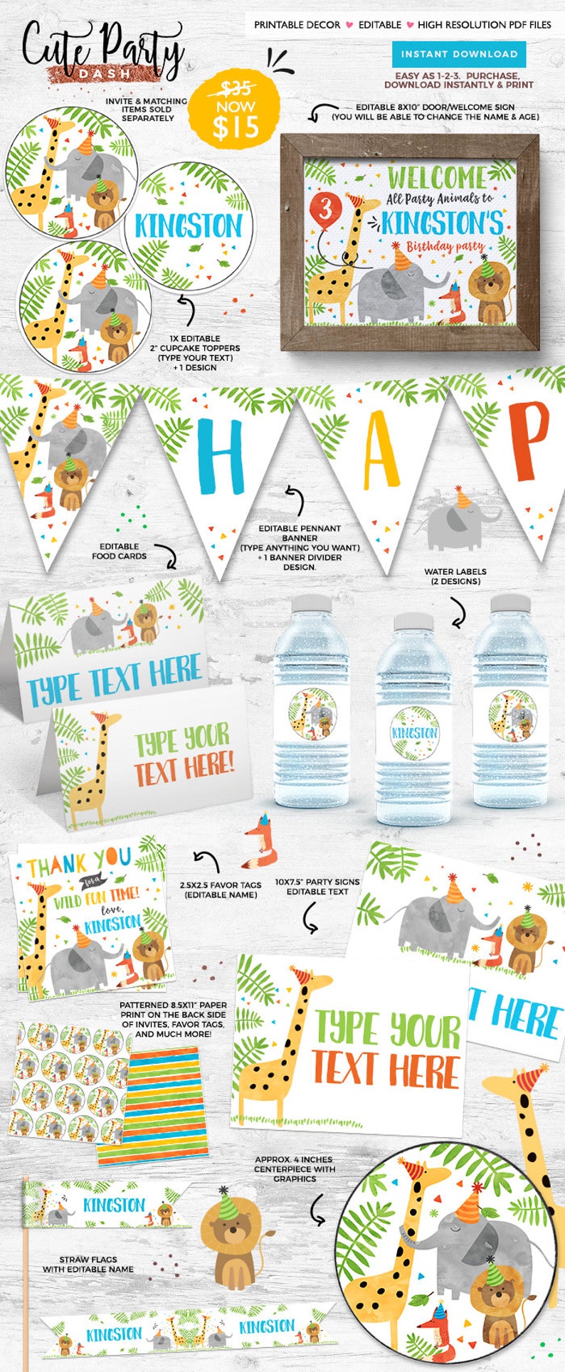 INSTANT DOWNLOAD Party Animals Birthday Favor tag Zoo favors jungle birthday 2.5 Favor tags Animals party decorations wild fun time Pa-bi