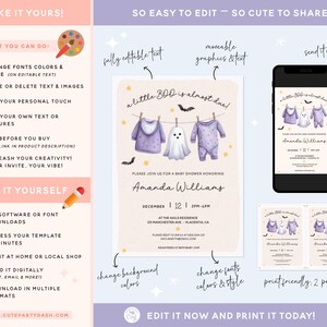 Pu&ograve; includere: Un modello di invito per baby shower a tema Halloween. Il design presenta vestiti per bambini e un fantasma su uno stendibiancheria, con il testo "a little BOO is almost due". L'invito &egrave; personalizzabile e stampabile.