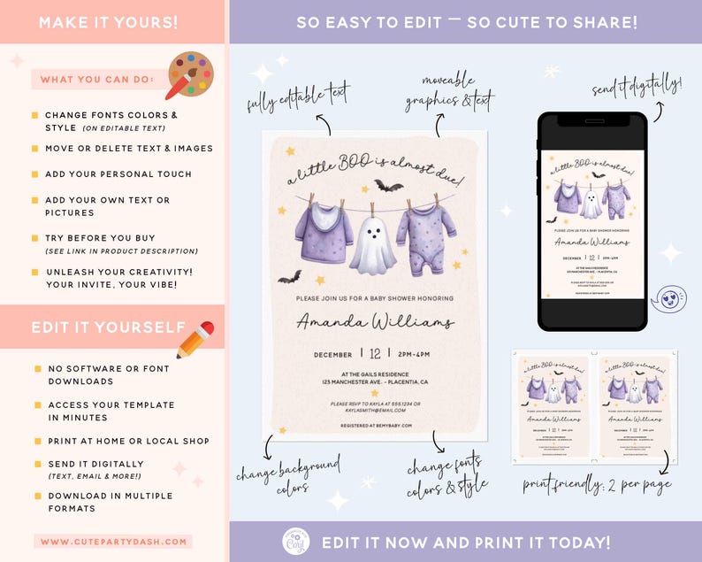 Pu&ograve; includere: Un modello di invito per baby shower a tema Halloween. Il design presenta vestiti per bambini e un fantasma su uno stendibiancheria, con il testo "a little BOO is almost due". L'invito &egrave; personalizzabile e stampabile.