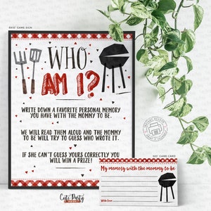 May include: A printable game sign with red and white checkered background. The sign says "Who Am I?" and includes instructions for a game where guests write down a memory they have with the mommy-to-be. The sign also includes a smaller printable card that says "My memory with the mommy to be".